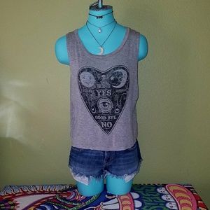 Gray tank top with old mystic design.